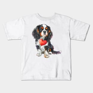 Valentine Cavalier King Charles Spaniel Holding Heart Kids T-Shirt